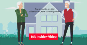Zeichnung zum Thema Wohnen im Alter: Senioren stehen vor ihrem Haus und überlegen, ob sie zu ihren Kindern ziehen.